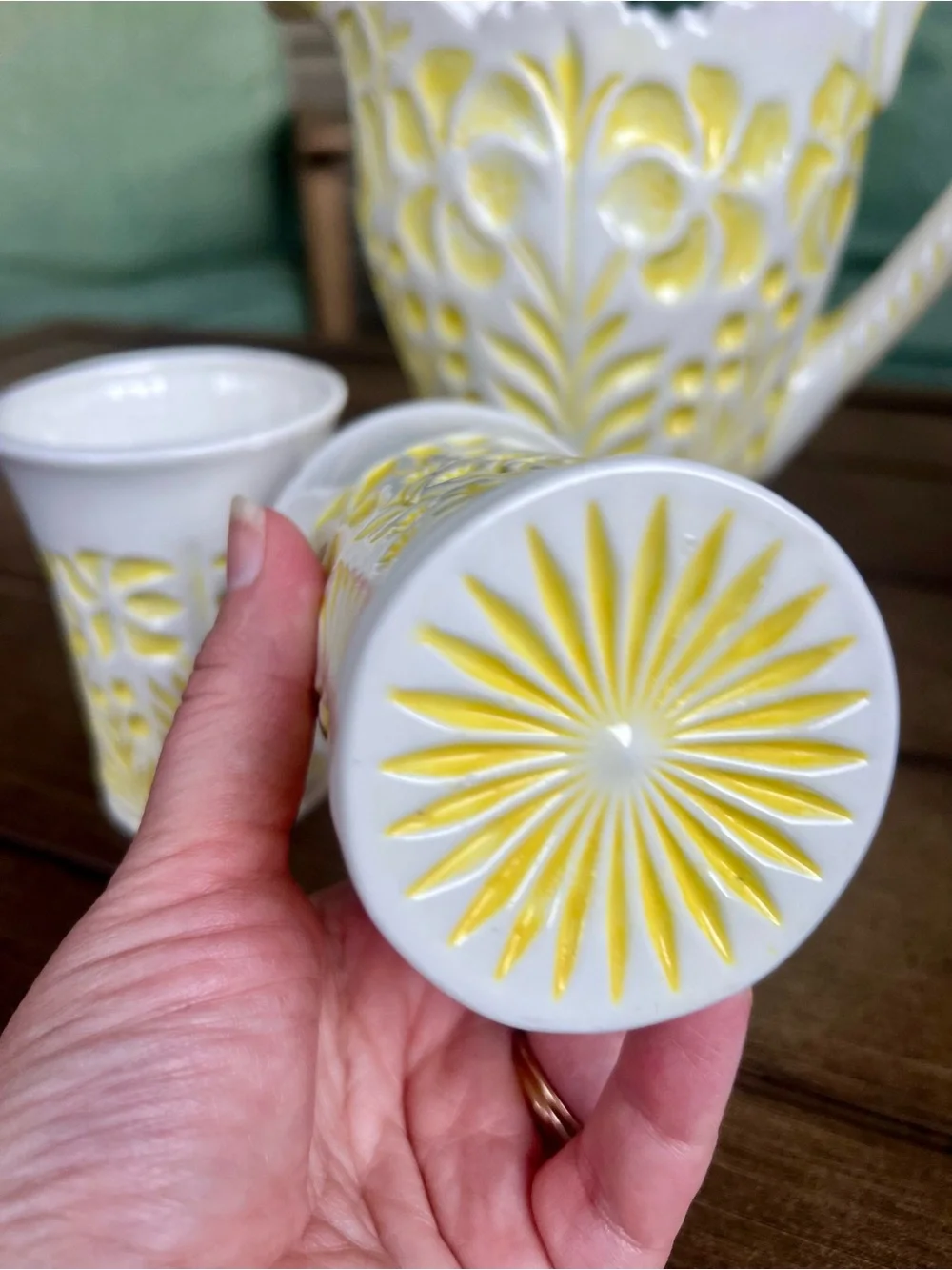 Vintage 1970s Yellow Floral Pitcher with 2 Cups | Cottagecore Decor